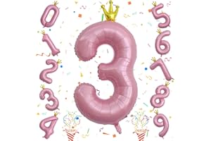 ISNDARE 3rd Birthday Number Balloons for Girls, 40 Inch Light Pink Foil Number Balloons, Large Crown Pastel Pink Number Balloons 0-9 Set for Women 30th Birthday Party Decor Anniversary Decoration Supplies