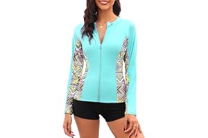 Tuopuda Haut de Maillot de Bain Femme à Manches Longues Tee Shirt Anti UV Rashguard UPF 50+ Rash Guard Cache-Maillots Fermeture Éclair Séchage Rapide Natation Surfing