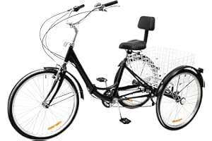 HaroldDol 24'' Foldable Tricycle, 7 Speed 3 Wheel Trike, Shopping Cruise Bicycle with Basket Backrest fur Elderly Adult (black)