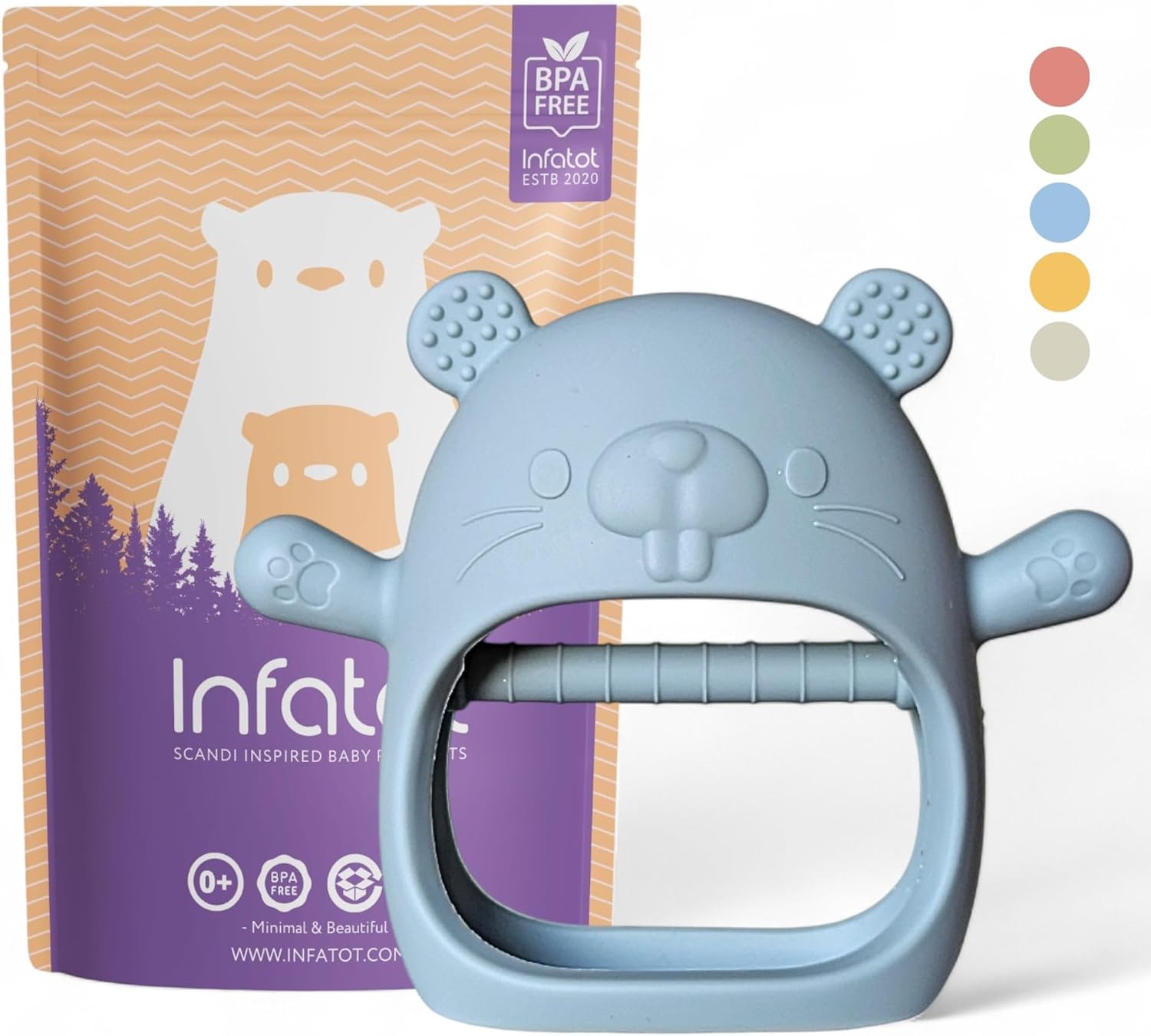 Infatot® Teething Toys for Baby Gifts – Chipmunk Silicone Mitten Teether, Soothing Glove for Infants, Baby Toys 0-6 Months, Soft Chewable Teether Toy to Prevent Finger Sucking, CM Blue.