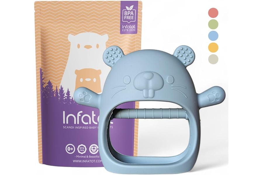 Infatot® Teething Toys for Baby Gifts – Chipmunk Silicone Mitten Teether, Soothing Glove for Infants, Baby Toys 0-6 Months, Soft Chewable Teether Toy to Prevent Finger Sucking, CM Blue.