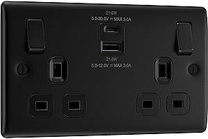 BRITISH GENERAL BG Electrical 22W Double Switched Wall Plug Socket with Fast Charge Type A & C USB Charging Ports, Nexus Metal, Matt Black, 13A, NFB22UAC22B