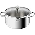 Tefal A70546 Duetto Cooking Pot 24 cm Suitable for Induction Cookers Easy to Clean in the Dishwasher Measuring Scale Glass Lid for Draining Stainless Steel