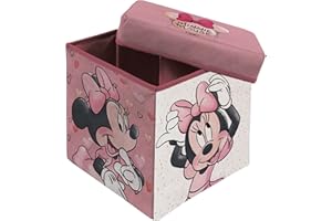 Superdiver - Cubo de almacenaje y asiento Minnie Mouse - Licencia Oficial Disney - 30x30x30 cm - Taburete infantil plegable con tapa acolchada - Organizador de juguetes