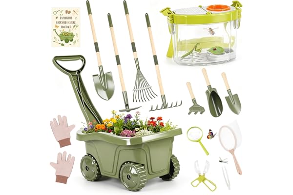 Brouette Enfant – 17PCS Kit Jardinage Enfant avec Outils Longs et Court,Boîte d’Observation Insectes, Loupe, Filet à Papillons & Accessoires – Ensemble Jardinage + Exploration Nature pour Enfants 3+