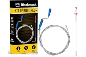 BLACK MASK Kit Déboucheur Canalisation 2 en 1 – Furet à Manivelle 2M + Attrape Cheveux 60cm – Déboucheur Mécanique Évier, Lavabo, Douche, WC – Réutilisable, Flexible, Anti-Bouchon