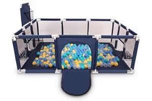 Selonis Parc Bébé Avec 200 Balles Plastiques Aire De Jeu Pliable Basket Football, Bleu Foncé:Turquoise/Bleu/Jaune/Transparent