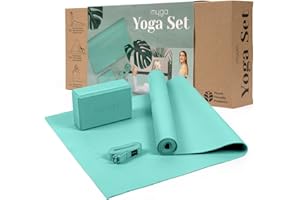 Myga Yoga Starter Set - Yoga Mat, Yoga Block Brick & Metal D-Ring Yoga Strap - Starter Kit for Beginners great for Pilates, Yoga, Stretching, Health & Fitness - Complete Home Studio Set for Gifting