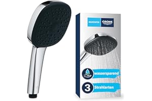GROHE Vitalio 110, Duschkopf wassersparend, 8l pro Min (Handbrause 3 Strahlarten, per Drehregler verstellbar, Universalanschluss, Silikonring schützt Duschbrause bei Stürzen), eckig, chrom, 26092001