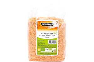 Oltresole, Lenticchie Rosse Spezzate Biologiche 1 Kg, Legumi Secchi Bio Decorticati e Spezzati, Non Richiedono Ammollo, Fonte di Proteine e Fibre, Confezione Ideale per Famiglie
