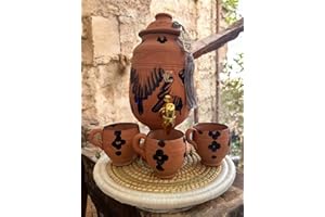 ZAYTI JARRE EN TERRE CUITE AVEC ROBINET : UNE MANIÈRE NATURELLE DE PURIFIER VOTRE EAU - ENSEMBLE COMPLET AVEC 2 TASSES ET UN PLATEAU. CAPACITÉ DE 1.5+ ou - LITRES.