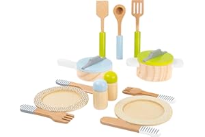 small foot Service de table et lot de casseroles en bois pour la cuisinede jeu des enfants, 15 pièces, 11098, Kindergerecht