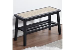 Ya-Home Rattan Dining Bench with Solid Wood Legs, Modern Entryway Ottoman Storage Shoe Bench for Entryway/Hallway, Black