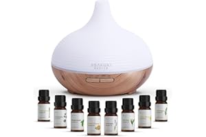 ASAKUKI Diffusers 300ml with 8 * 10ml Essential Oils Set, Aromatherapy Ultrasonic Cool Mist Essential Oil Diffuser with 7 LED Color Lights, Auto Shut-Off for Home Bedroom Office