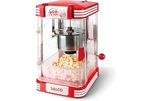 SALCO Retro-Popcornmaker – Popcornmaschine im 50er Jahre Kino-Stil, 300 W, Kessel mit Antihaft-Beschichtung, eingebautes Rührsystem, inkl. Popcornschale & Messlöffel, Beleuchtung im Auffangbehälter