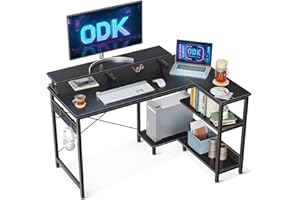 ‎ODK ODK Eckschreibtisch Schwarz, L Förmiger Schreibtisch mit Regal Reversibel, Gaming Tisch L Form mit Langer Monitorständer, Computertisch L Form PC Tisch Bürotisch für Heimbüro, 120x80x88cm