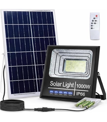 Faro LED 1600W Con Pannello Solare IP67 – 6500K, Telecomando, Autonomia 12 Ore, Per Esterni