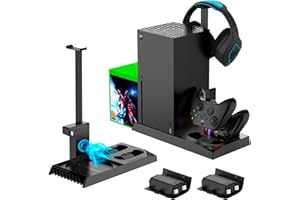 FASTSNAIL Ventilador de refrigeración vertical para Xbox Series X con 2 baterías recargables de 1400 mAh, estación de carga para controlador Xbox Series X/S con ranura para juegos y soporte para