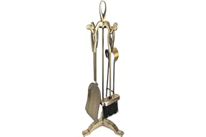 ADGO ANTIK Set Cassetta Degli Attrezzi Set da Camino per Caminetto Camino 5 pezzi: Supporto, Attizzatoio, Spazzola, Pala, Pinze, Metallo Forgiato Antico Retrò, Colore Oro Lucido, 1 pezzo