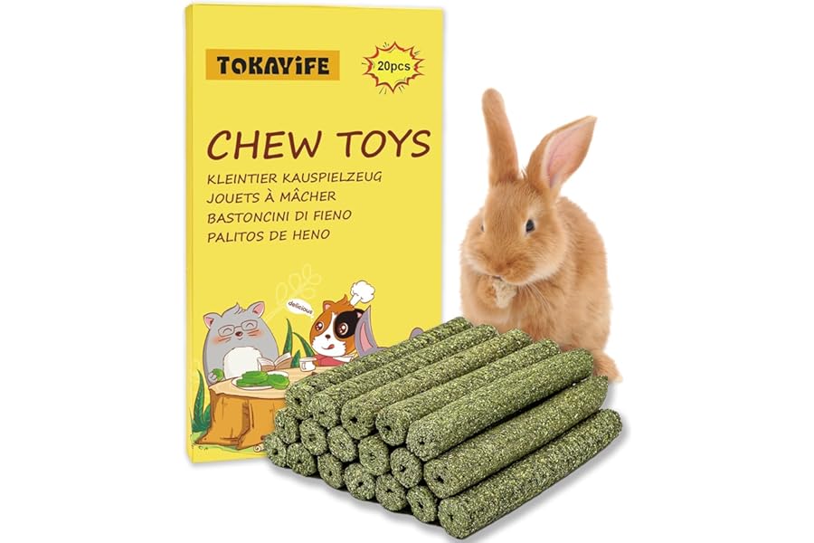 TOKAYIFE Rabbit Chew Toys, 210g Rabbit Treats Natural Timothy Hay Sticks Boredom Breakers for Rabbits, Chinchillas, Guinea Pigs, Hamster, Hedgehogs (20 pcs)