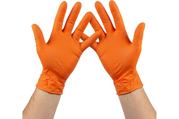 KMINA Nitrilhandskar Diamantstruktur Orange, Storlek L, Mekanik | 50 st, Puderfria och Latexfria Engångshandskar, Tåliga mot Fett och Olja, 3D-Grepp, Ambidextra, Industri och Städning