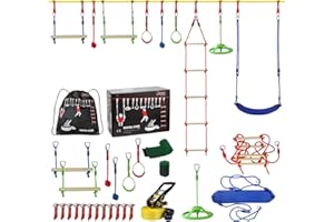 ALPIDEX Ninja Niños Slackline Kids 15 m Obstacles Set Anillos Gimnasia Nudos Cuerda Accesorios Escalada Curso Extensible