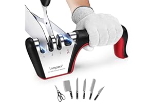 longzon Knife Sharpener - Professional 4 Stage Manual Sharpener for Sharpening Kitchen Knives, Scissors with Cut Protection Gloves- Suitable for Chef and Home
