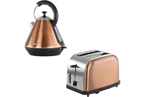 SQ Professional Kettle & Toaster Sets Rapid Boil Electric Kettle Stainless Steel Toaster 2 Slice 6 Browning Controls Defrost Reheat, Crumb Tray (Gems Axinite Copper)