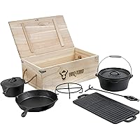 BBQ-Toro 7-teiliges Dutch Oven Set in Holzkiste, Gusseisen, bereits eingebrannt, mit Kochtopf, Stieltopf, Grillplatte, Pfanne, Deckelheber und Untersetzer