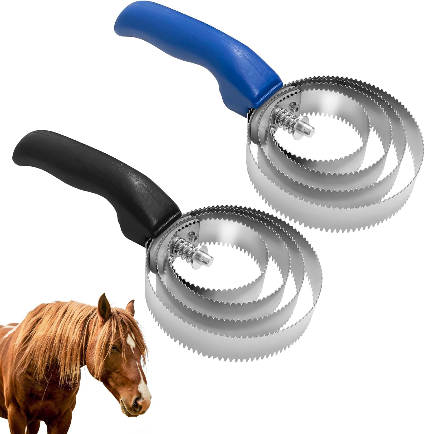 Minfuerang 2Pcs Spiral Striegel,Cepillo para Caballos 4 Anillas, Peine de Acero Inoxidable para Caballos,Doble Cara Cepillo para caballos para Eliminar el Pelo Muerto,Pelaje(Azul + Negro)