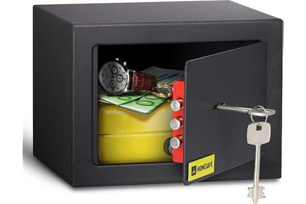 HomeSafe HV15K Coffre-Fort à Clé, 15x20x17cm (HxLxP), Coffre Argent Billet, Bijoux, Pour la Sécurité à Domicile, Boîte de Rangement Sécurisée, Petit Coffre pour Économies et Objets de Valeur