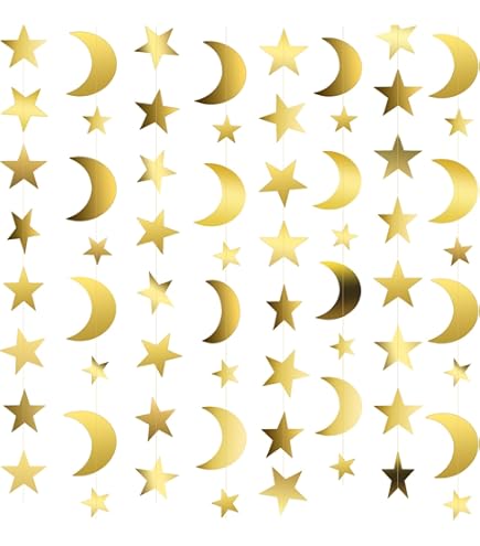 MesaSe 4 Pcs 13Ft Gold Star Moon Garland, Hanging Garands Streamers Banner Backdrop For Twinkle - View #2