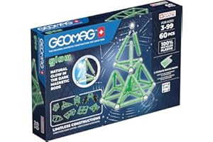 Geomag, Glow Recycled, Costruzioni Magnetiche Effetto Glow, Barrette Magnetiche che si Illuminano al Buio, Confezione da 60 Pezzi, Plastica 100% Riciclata