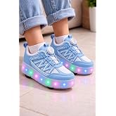 Garantili &amp; &Uuml;st Kalite Işıklı &Ccedil;ocuk Paten Ayakkabısı | 4 Tekerlekli Kaykay Sneaker (29-37 Numara - Renk Mavi - Bebe Mavisi)