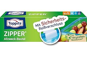 ‎TOPPITS Toppits Zipper Allzweck-Beutel - 12 x 1L, Reißfeste Spezialfolie, Wiederverwendbar, Transparent, Ideal für Lebensmittelaufbewahrung und Reisen