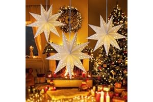 Rppiup 3 Pcs 45cm Light Up Paper Stars,Christmas Star Decorations, White 9-Pointed Foldable Paper Lampshade,Hanging Papér Stars Lantern for Xmas Tree Top/Windows/Xmas/Wedding/Party Decor (Incl.Lights)