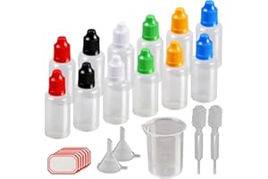 KAKOO 17tlg Tropfflasche Set, 12x 30ml Leer Plastikflaschen Dosier-Flaschen Liquidflaschen Kindersicherung Deckel in Bunt mit Trichter Pipette Messbecher für DIY Kraft
