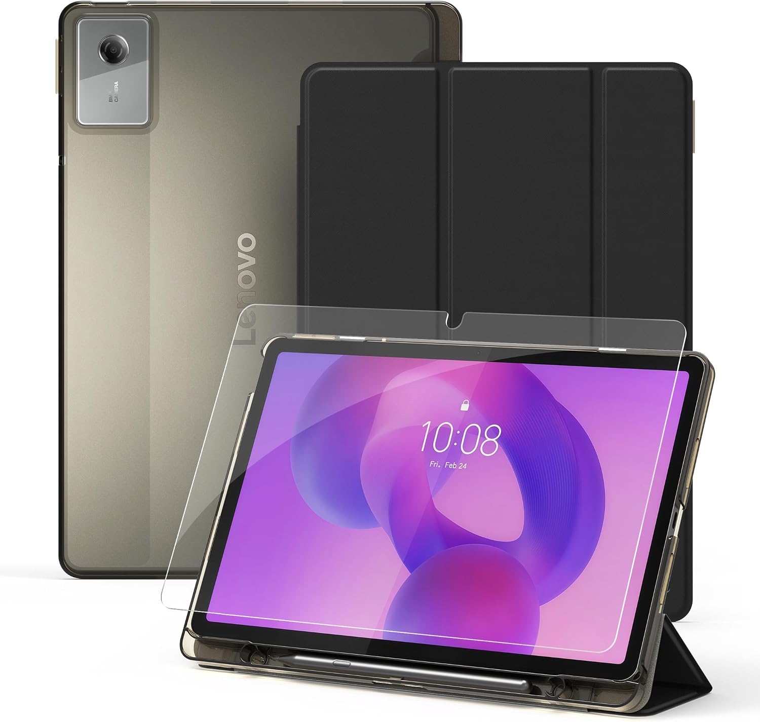 CACOE Funda para Lenovo Idea Tab de 11 pulgadas 2025 con película protectora - Ultra delgada con función de soporte, funda de piel sintética delgada, negra