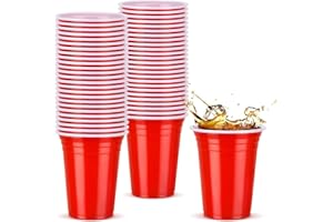 NUZEKY Czerwony plastikowy kubek na imprezę: 50 jednorazowych kubków o pojemności 12 uncji, czerwone kubki na imprezę solo, kubki wielokrotnego użytku luzem