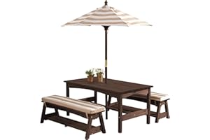 KidKraft Table et Bancs de Jardin pour Enfant avec Coussins et Parasol, Salon de Jardin extérieur en Bois pour Enfants, Rayé écru et Blanc, 00500