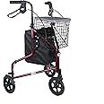 DAYS Lightweight Aluminum Folding 3 Wheel Tri Walker with Lockable Brakes, Adjustable Height, Limited Mobility Aid, Ruby Red with Bag, Basket and Tray