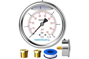 HANSFELDS Manomètre Hansfeld 0–6 bar/psi, cadran 63 mm, rempli de liquide, montage arrière BSP 1/4 pouce, intérieur et montage en laiton, précision 1,6, inclut 2 réducteurs vers 3/8" et 1/2".