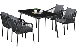 Outsunny Salon de Jardin 4 Personnes Ensemble de Salle à Manger en rotin PE avec chaises empilables et Coussins, Plateau en Verre trempé, Cadre en Aluminium, Gris et Noir