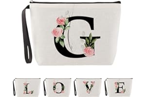 Blisswave Pochette Personalizzata dalla A alla Z, Regali per Donna, Mamme e Amica, Regali di Natale e Compleanno, Elegante e Carina Beauty Case da Viaggio con Iniziale Nome Floreale Rosa (Beige)