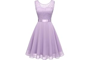 Berylove - Abito da cocktail da donna, elegante, adatto per matrimoni, di chiffon, senza maniche, con pizzo