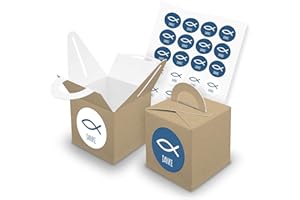 ‎ITENGA itenga Set Fisch 24x Würfelbox mit Griff inkl Aufkleber Sticker für Gastgeschenke Taufe Kommunion Konfirmation (Blau (mit Text), Karton (Braun))