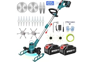 SUAIIOLK Debrouissalleuses Batterie 21V, Coupe Bordure sans Fil 5 en 1 Debroussailleuse Electrique sans Fil avec 2 Batterie, Brosse Désherbage et Roues Réglables pour Débroussaillage, Cour, Jardin, Blue