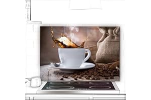 URBO ART – HOME DESIGN Crédence de cuisine en verre - 70x50 cm - Protection contre les éclaboussures - Derrière plaque de cuisson, Planche à découper - Motif: Tasse blanche avec café v02