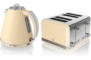 Swan Retro Kitchen Set, 1.5L Fast Boil Kettle & 4 Slice Toaster, Cream, SK19020CN, ST19020CN