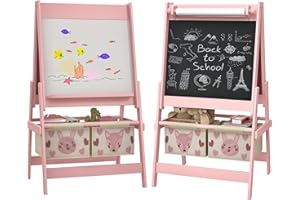 AIYAPLAY Tableau chevalet enfant ardoise double face tableau blanc tableau à craie rouleau papier 2 paniers 54 x 46,5 x 93 cm rose